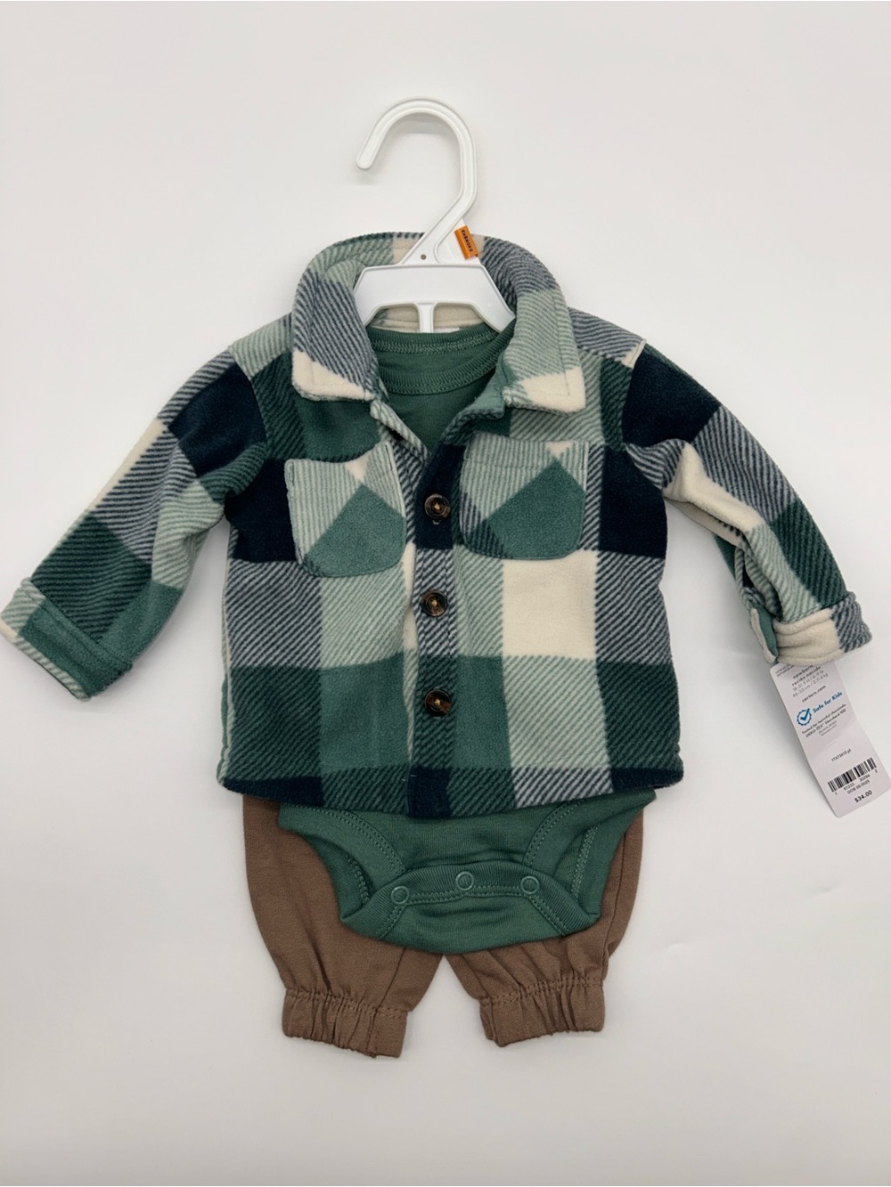 Carter's Newborn Green Plaid Sherpa Jacket Set with Bodysuit and Brown Joggers